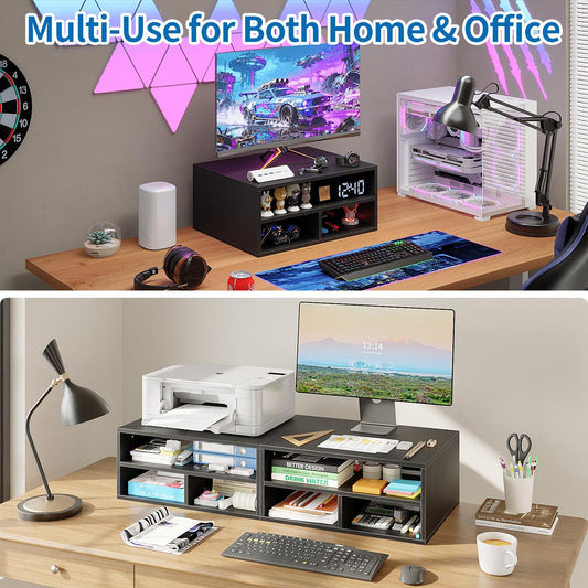 ALISENED Printer Stand for Desk, 2-Tier Wooden Desk Organizer with Adjustable Compartments, Heavy Duty Desktop Stand for Printer Scanner Monitor, Space Saving Office Organization and Storage, Black