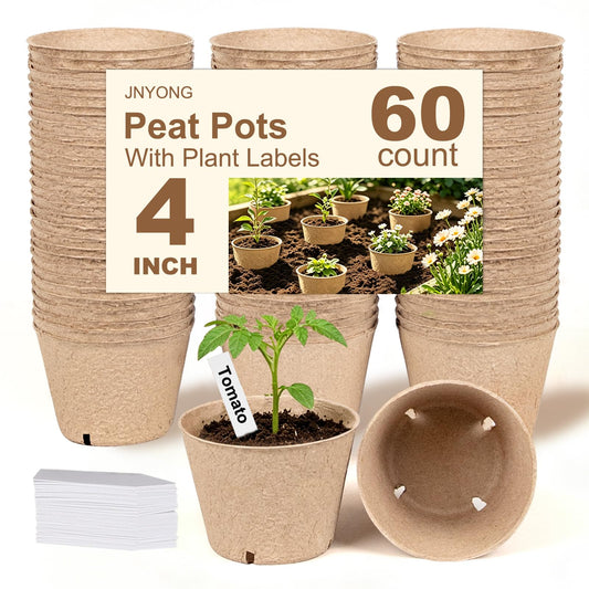 JNYONG 60 Packs 4 Inch Peat Pots,Biodegradable Pots for Seedlings with Drainage Holes, Garden Germination Nursery Pots with 50Pcs Plant Labels