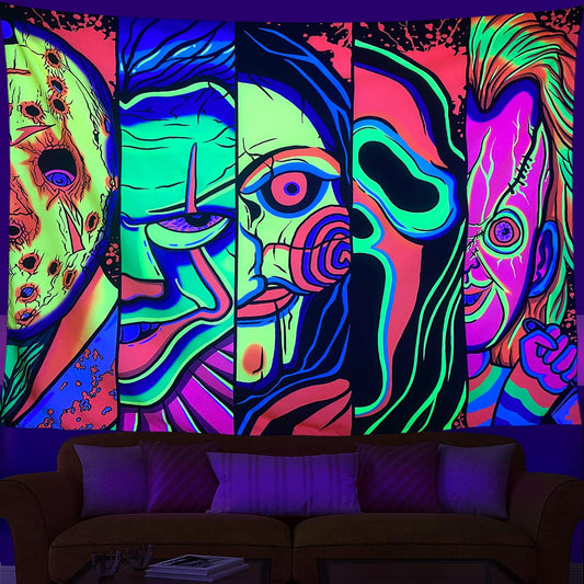 Black Light Art Halloween Wall Decor Trippy Blacklight Horror Face Tapestry, UV Reactive Tapestries Glow in The Dark Party Tapestry for Bedroom, Living Room (51" x 59")