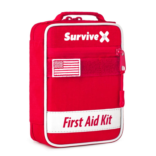 SurviveX Small First Aid Kit for Car, Travel & Home - Emergency Kit for Hiking, Camping, Backpacking and Outdoors - Includes Zip Stitch Wound Closure Strips