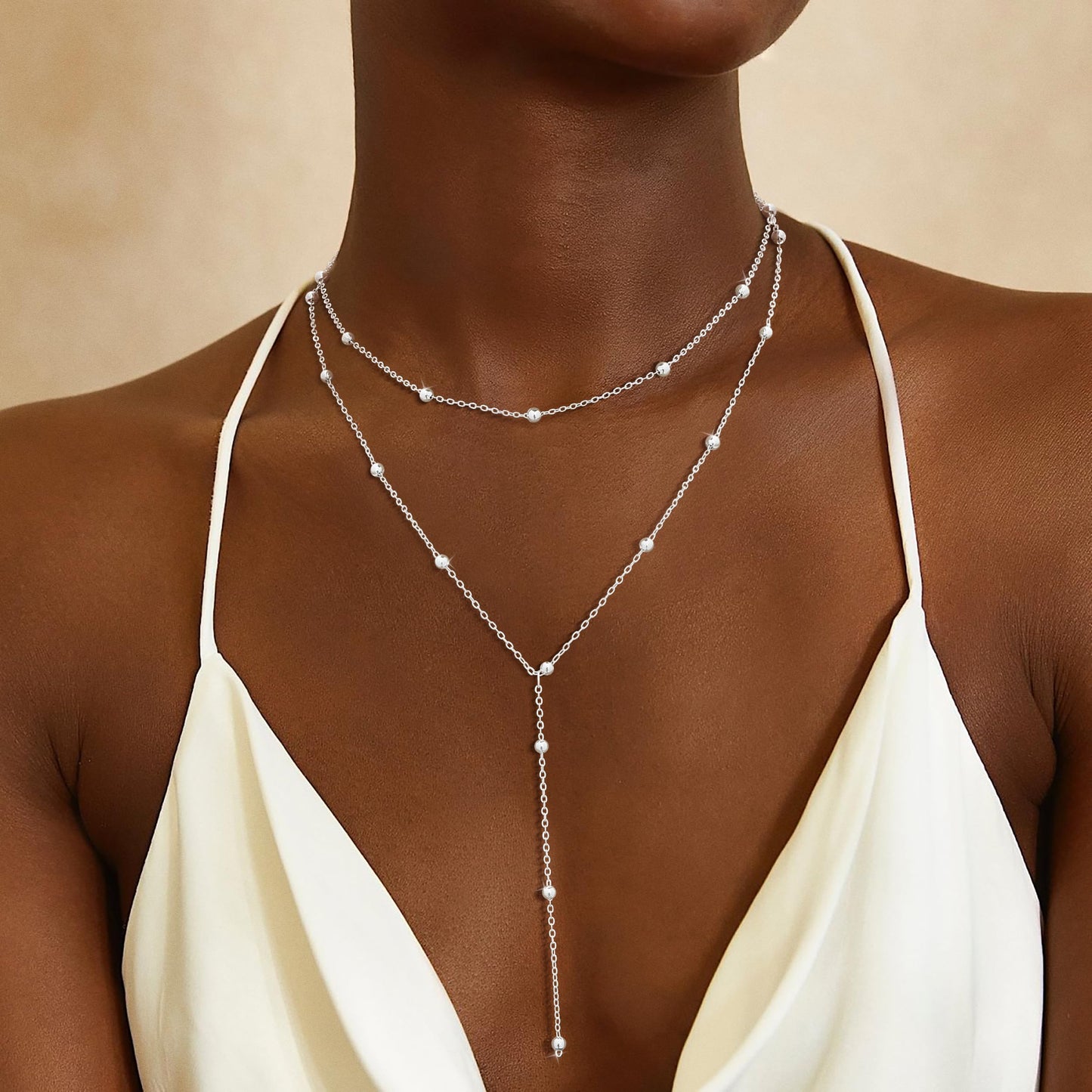 JIKASI Lariat Silver Necklaces for Women Trendy Dainty Long Necklace Sterling Silver Plated Drop Rosary Beaded Chain Necklaces Y Layered Pendant Necklace Simple Gold Statement Jewelry Gifts
