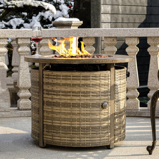 OutVue 32 inch Propane Fire Pit Table,Wicker Gas Fire Pits Table with Lid & Lava Rocks, 50000 BTU Round Propane Firepit for Outside, Fire Table for Dining,Party, Patio,Yard