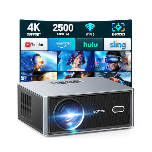 [Short Throw/2500 ANSI/E-Focus] SOPYOU 4K Decoding Projector with WiFi and Bluetooth, Outdoor Movie Projectors, Max 450" Display Home Theater, Portable Smart Proyector for iOS/Android/TV Stick/PS5