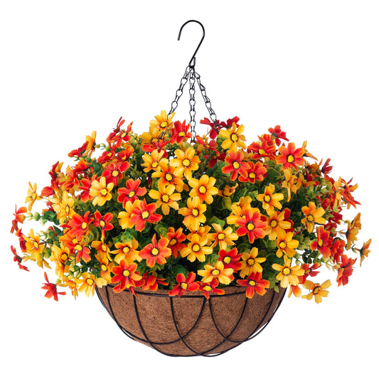 INXUGAO Artificial Flowers with Hanging Planter for Outdoor Decor, Faux Silk Daisy UV Resistant Plants in Basket for Indoor Porch Garden Yard Spring Summer Decor(Orange)