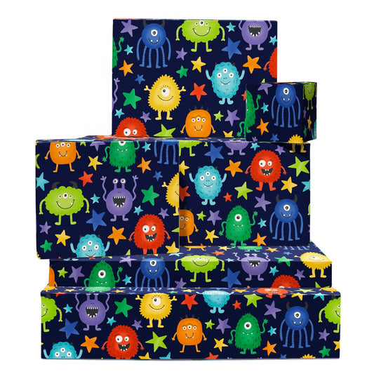 Kids Wrapping Paper Birthday Christmas Halloween - 6 Sheets Giftwrap - Colorful Monsters Blue Red Yellow Green - Comes With Tags - Eco-friendly - Gift Wrap For Boys Girls Son Daughter Students