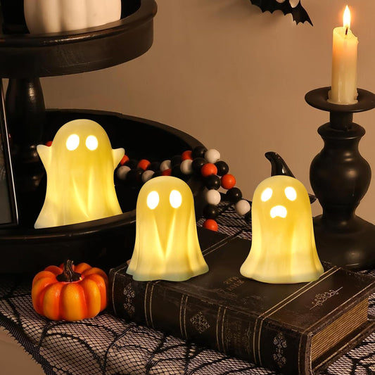 CUTEHO Cute Ghost Light Up Halloween Decor, LED White Ceramic Spooky Lanterns Decorative Light Halloween Party Decoration for Tiered Tray Shelf Table Centerpieces Desk Bedroom Room（3 Pack）