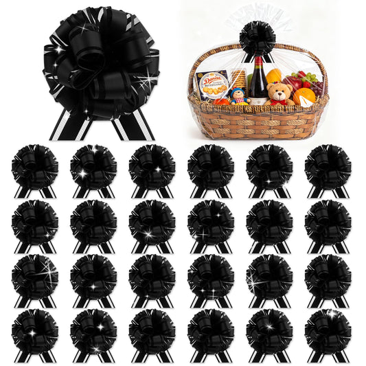 OULOVECO 24pcs Black Pull Bow for Gift Wrapping Basket Xmas Matte Gift Bows Presents Wrap Ribbon Bow for Christmas tree ornament Wine Bottles Bouquet Flower Valentine's Day Party Decor(Black-CC)