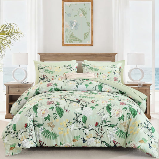 Anibedding 7Pieces Floral King Size Comforter Set, Green Garden Plant Style Bed in a Bag Flower Bedding with Pillow Case for Bedroom