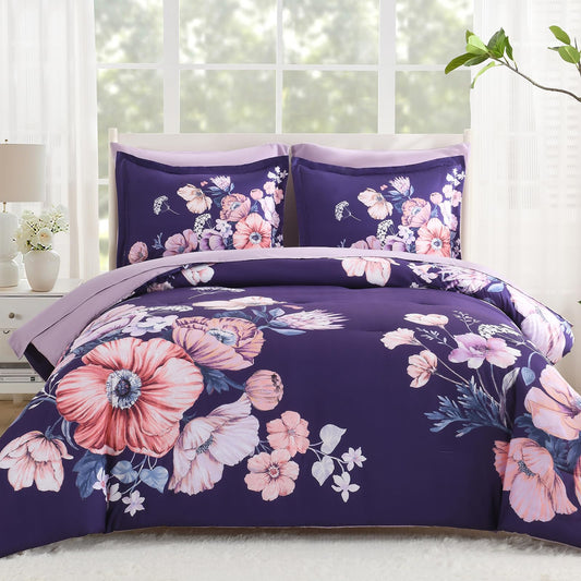 LLDSYW Queen Comforter Set - 7 Pieces Bed in a Bag Dark Purple Floral Queen Comforter Set with Sheets, Soft Microfiber Flower Complete Bedding Set for All Seasons（Dark Purple,90"x90"）