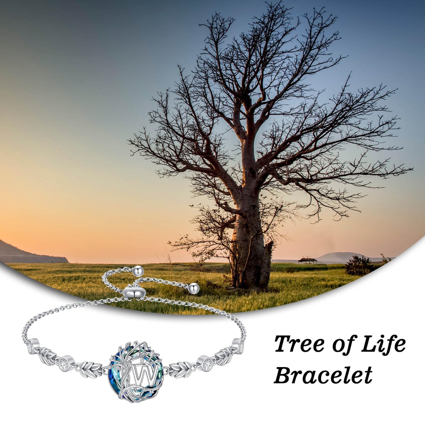 TOUPOP Tree of Life Initial Bracelet Sterling Silver Initials W Letter Link Bracelets Blue Circle Crystal Family Tree Birthday Mothers Day Jewelry Gifts for Women Mom Wife