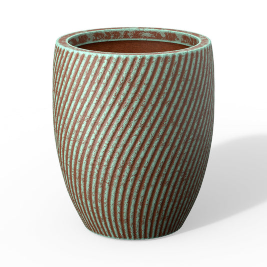 Humid Jade 13-Inch Tall Round Fluted Concrete Planter, Mineral-Toned Surface Plant Pot with Drainage Hole for Succulents, Flowers and Trees for Porch, Patio or Home, Verdigris Mist