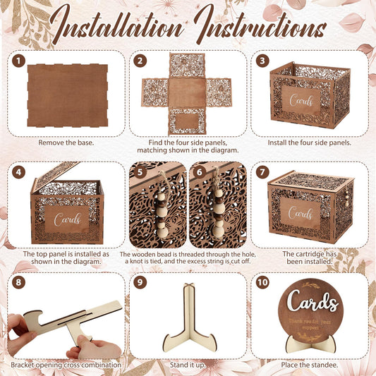 Ferrochef Wedding Card Box with Sign Boho Rustic Wood Gift Card Box Vintage Money Cards Holder for Wedding Baby Shower Graduation(Flower,Brown,11.4 x 9 x 8.5 Inches)