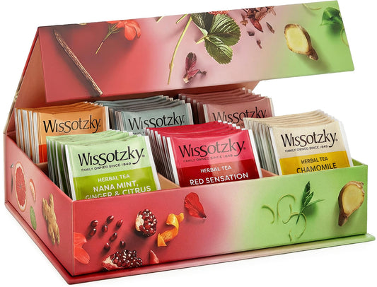 Wissotzky Herbal Tea Variety Pack Sampler (42 Tea Bags) in a Premium Reusable Gift Box | Mothers Day Gift | Caffeine-Free | 6 Exciting Flavors | Individually Wrapped Tea Bags | Ideal Present for Holiday & Corporate Gifting | Magnetic Closure Box | Kosher