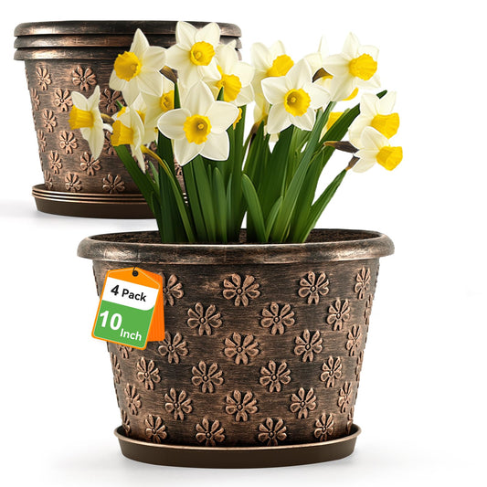 10 Inch Planter Pots for Plants, 4 Pack Plastic Large Flower Pots Indoor Outdoor, Resin Plant Pot with Drainage & Saucer, Retro Decorative Garden Pot with Removable Trays for House