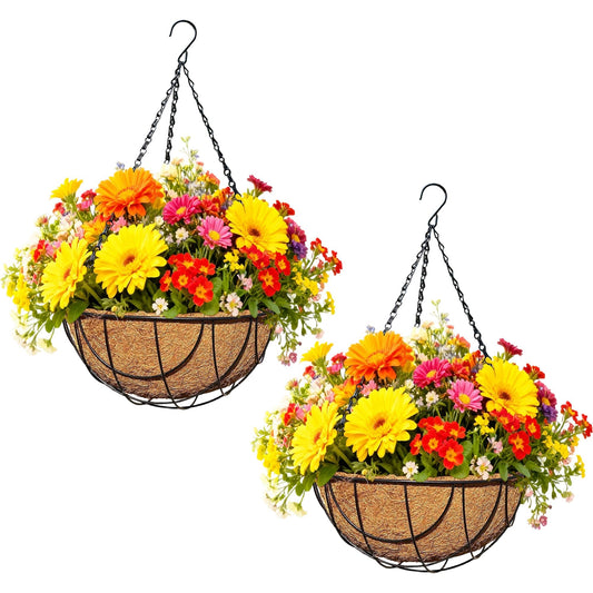 Qusuxi 2 Pack 12 Inch Metal Outdoor Hanging Baskets Black Heavy Duty Hanging Planters with Coco Liners for Indoor Outdoor Plants Gardens Patios Terraces（Earth）