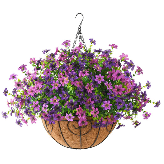 Artificial Flowers Hanging Baskets, Multicolor 12 Bundles Faux Flower Outdoor Hanging Basket Spring Summer Decoration, Fake Flowers Plants for Porch Patio Balcony Home Yard Decor(Two purples)