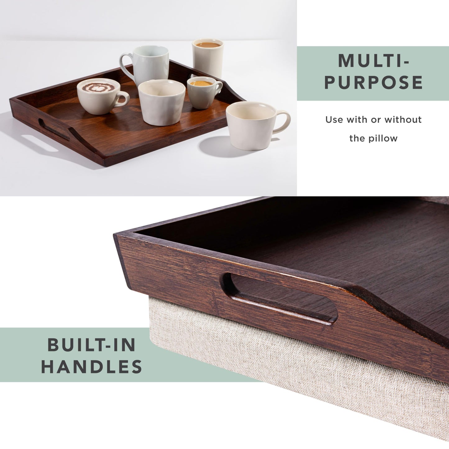 ROSSIE HOME Bamboo Wood Bed Tray, Lap Desk with Detachable Cushion, Serving Tray - Java - Fits up to 15.6 Inch Laptops - Style No. 76102