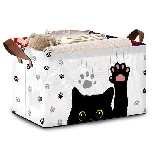 Black Cat Storage Basket Large 17x11.5x10.5 Inche-Collapsible Fabric Organizer Bin with Handles for Halloween Decor, Pet Lovers,Gothic Theme-Decorative Hamper with Minimalist Feline Design-Single Pack