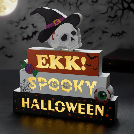 BlcTec Halloween Decorations Indoor 9.4" 4-Tier Wooden Block Set with Glowing 3D Letters, Skull Topper, Battery Operated Spooky Halloween Décor Built-in Timer for Home, Mantle, Shelf, Table Decor