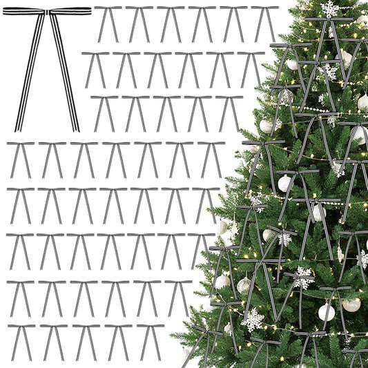 Riceshoot 50 Pcs 5x7 Black White Stripe Twist Tie Bows for Christmas Tree Memorial Gift Wrapping Bag Xmas Decoration Ribbon for Gothic Spooky Holiday Birthday Party Wreath DIY Craft (0.4 Inch Wide)