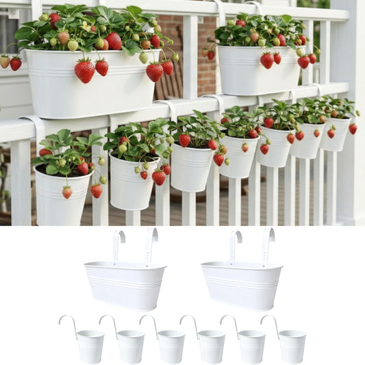 LaLaGreen 11.8 Inch Rail Planter (8-PIECE Combo Set) White Metal Railing Fence Hanging Planters for Outdoor Plants, Modern Balcony Gardening for Apartment Garden Style Iron Patio Flower Pots Deck