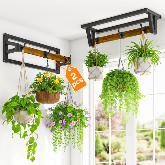 LASZOLA 2 Pcs Plant Hanger Indoor with 6 Heavy Duty Hanging Hooks, Metal and Wood Wall Mounted Plant Hanging Rod, Plant Shelves Holder Bar for Kitchen Window Ceiling (Pot/Chain/Plants not Included)