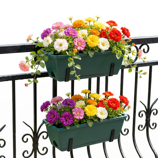 FANSXIVITA Balcony Planters Railing Hanging, Deck Railings Planter Boxes 16.9in, Railing Planter Box, Deck Planters for Railings, Railing Flower Box with Metal Brackets, Black Green