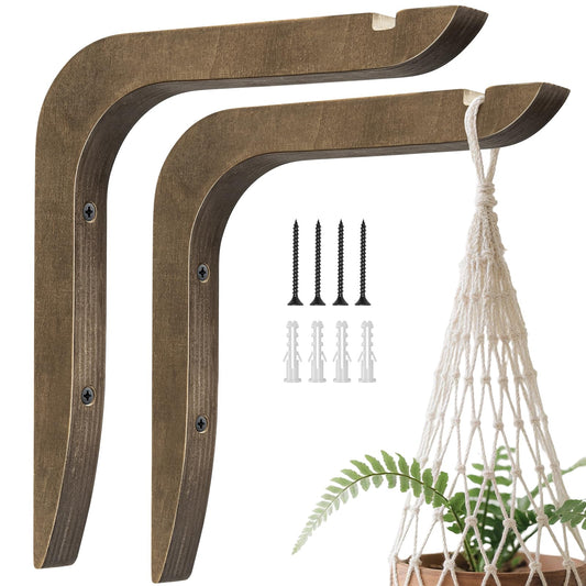 Wooden Plants Hanger, Plant Hangers Indoor Wall Mount, 8.58-Inch Hanging Plant Hooks for Wall, Basket Hooks for Lanterns, Flower Bracket, Wind Chimes, Lamp, Bird Feeders, Patio Decor(Brown 2PCS)