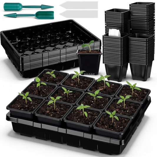 Nuenen Seed Starter Tray 6 Pcs, 3.5 Inch Square Nursery Pots 72 Pcs, Seed Starting Pot with Drainage, Seedling Trays, Microgreenings Plant Propagation Germination Tray, 6 Set