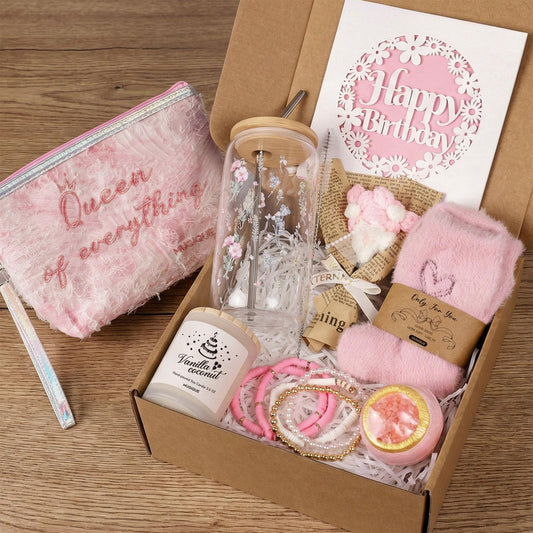 MUGIQUE Birthday Gifts for Women, Birthday Gift Basket with Glass Cup, Happy Birthday Gift Box for Women Teen Girl, Gifts for Sister Daughter Best Friend, Self Care Gift Set,Pink Floral