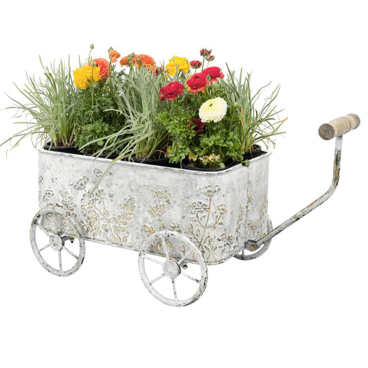 Zokyntrix Flower Cart with Wooden Handles, Metal Wagon Planters for Outdoor Plants, Garden Planter with Wagon Wheels, Decorative Wheelbarrow, Plant Cart for Patio Garden Balcony (White)