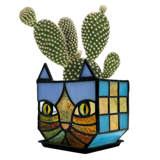 Entlityful Tiffany Style Stained Glass Cat Flower Pots with Drainage,Funny Blue Cat Planter,Cute Garden Pots,Flower Pots for Indoor Plants,Gifts for Plant Lovers,4.6x3x5.15 in