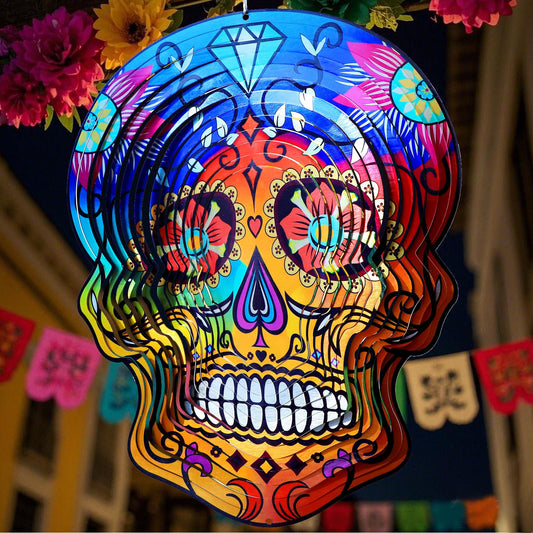 Goolyrusim Metal Wind Spinner - Sugar Skull Wind Spinners, Kinetic Hanging Wind Sculpture 3D Skeleton Wind Catcher for Yard and Garden Decoration Outdoor Decor, Unique Gifts for Halloween, Christmas