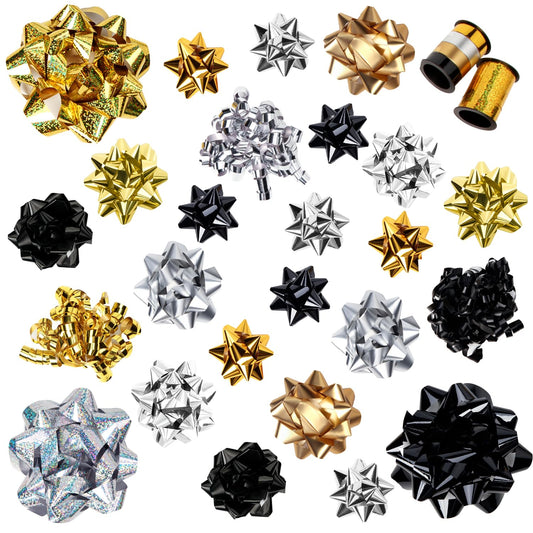 CHOIEO 27 PCS Luxury Gift Bows and Curling Ribbon Set - Large Assorted Self-Adhesive Bows & Gift Wrap Ribbons in Metallic & Glitter Finishes Party Decoration (Black & Gold)