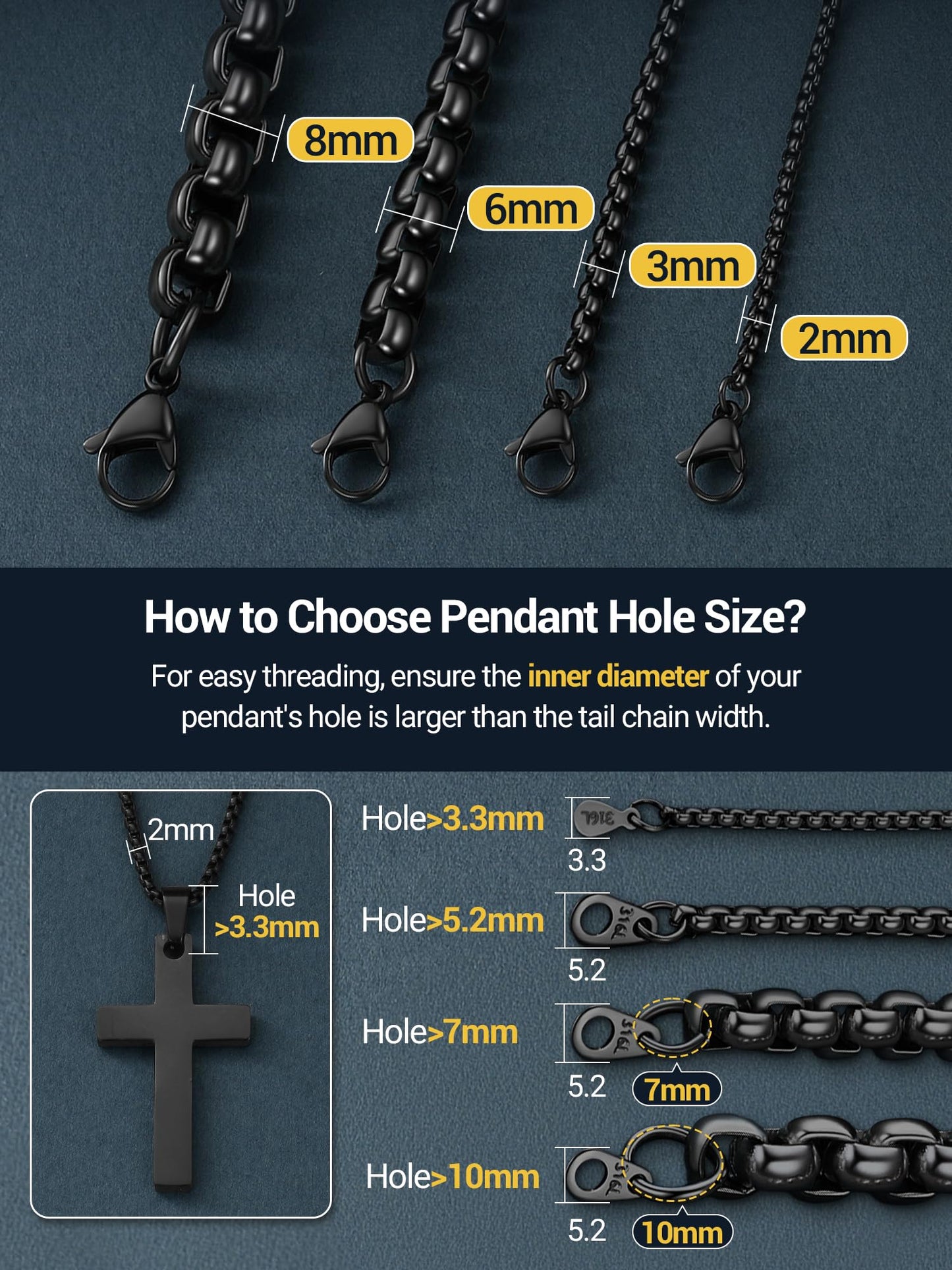 PROSTEEL Squre Rolo Link Chains, Black Stainless Steel Chain Necklace Waterproof & Non Tarnish 6mm Link Chains for Men and Women Jewelry with Gift Box 30in