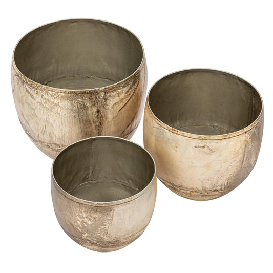 Creative Co-Op Various Round Metal Planters with Distressed Finish, Pewter, Set of 3