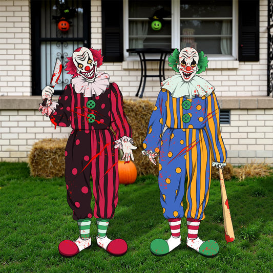 Bunny Chorus Outdoor Halloween Decorations: 2ct Extra Large Bloody Clowns Yard Signs with Stakes, Corrugated Plastic, Red Green Outside Halloween Decor for Kids Home School Yard Lawn Haunted House