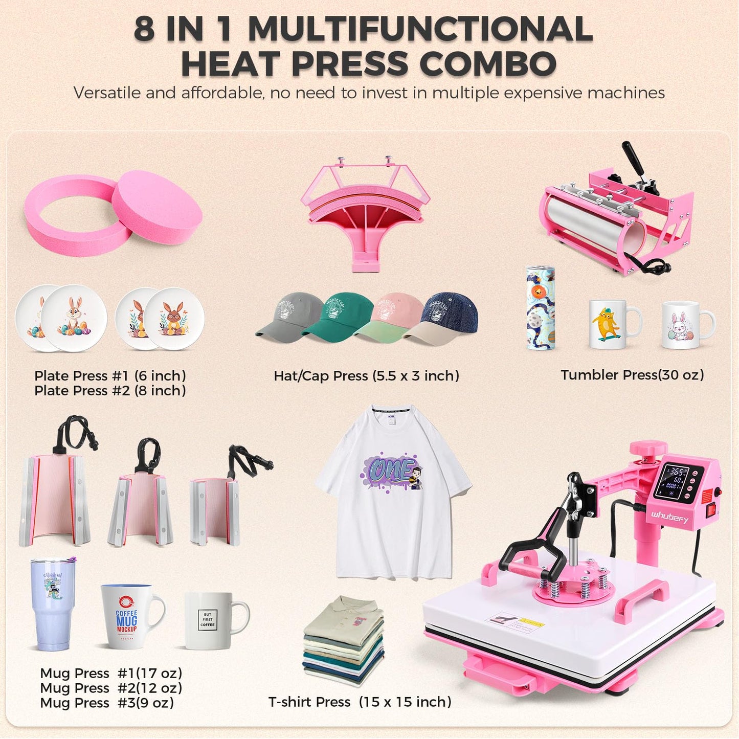 Whubefy Heat Press 15x15 inch 8 in 1 with 30OZ Tumbler Press, Slide Out 360° Swing Away Digital Shirt Press Machine, Industrial-Quality Heat Transfer Sublimation for T-Shirt/Tumbler/Mug/Hat/Cap/Plate