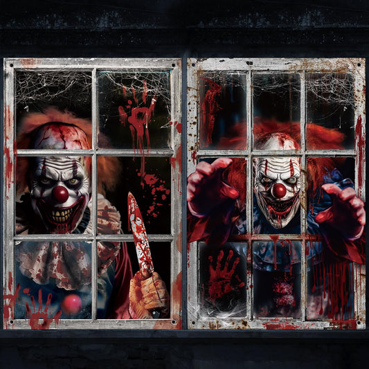 Hxezoc 2 Pack Halloween Window Decorations Scary Spooky Clown Window Backdrop Poster for Halloween Window Door Wall Cover Decoration Supplies
