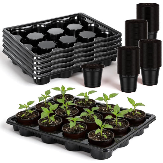 Lounsweer 6 Sets 4 Inch Plant Nursery Pots 72 Pcs and 12 Cell Plant Seed Starter Trays 6 Pcs, Sturdy Seeds Starting Germination Shuttle Carrying Trays, Small Planter Nursery Propagation(Black)