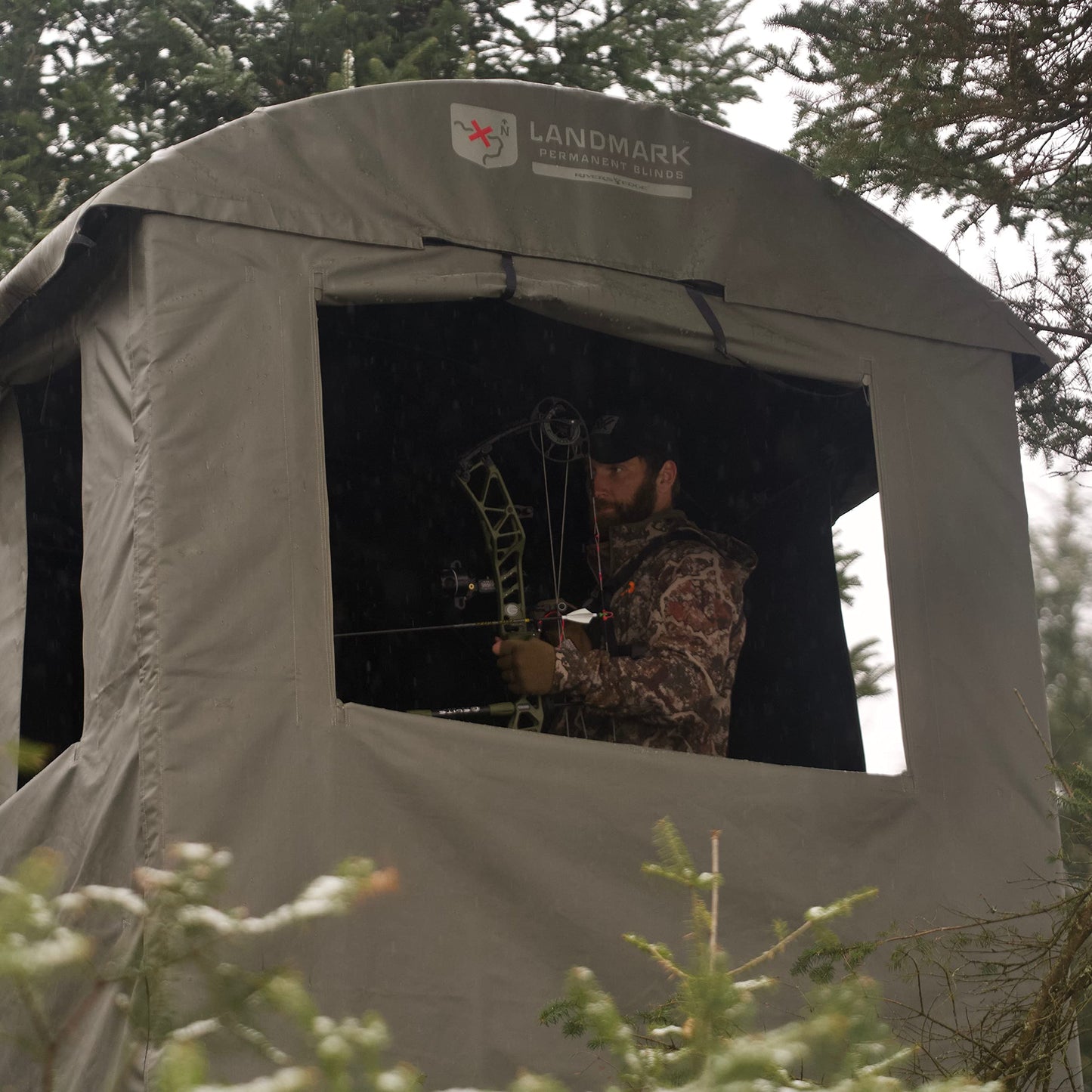 Rivers Edge LM603 Landmark 600 Permanent Blind, 7' Height, 6' x 6' Interior Space, Adjustable Shooting Windows, Hinged Door, Constructed from Marine-Grade Reinforced Synthetic Tarpaulin