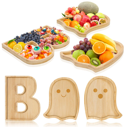 JarThenaAMCS 3 Pcs Halloween Charcuterie Board Cute Ghost Boo Wooden Cheese Platter Tray Appetizer Snack Party Serving Platters for Home Party Trick or Treat Supplies
