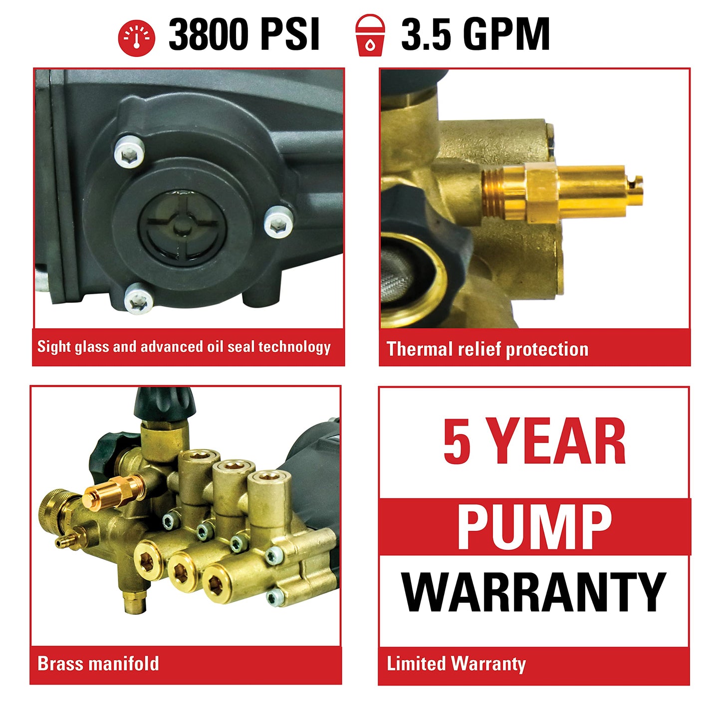 AAA Pumps 90038 Horizontal Triplex Plunger Replacement Pressure Washer Pump Kit, 3800 PSI, 3.5 GPM, 1" Shaft, Includes Hardware and Siphon Tube, for Industrial Gas Powered Machines, Black
