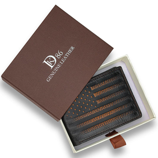 DK86 USA Flag Wallet for Men Slim Rfid Bifold Genuine Leather 2 ID Window With Gift Box (black brown with US flag)
