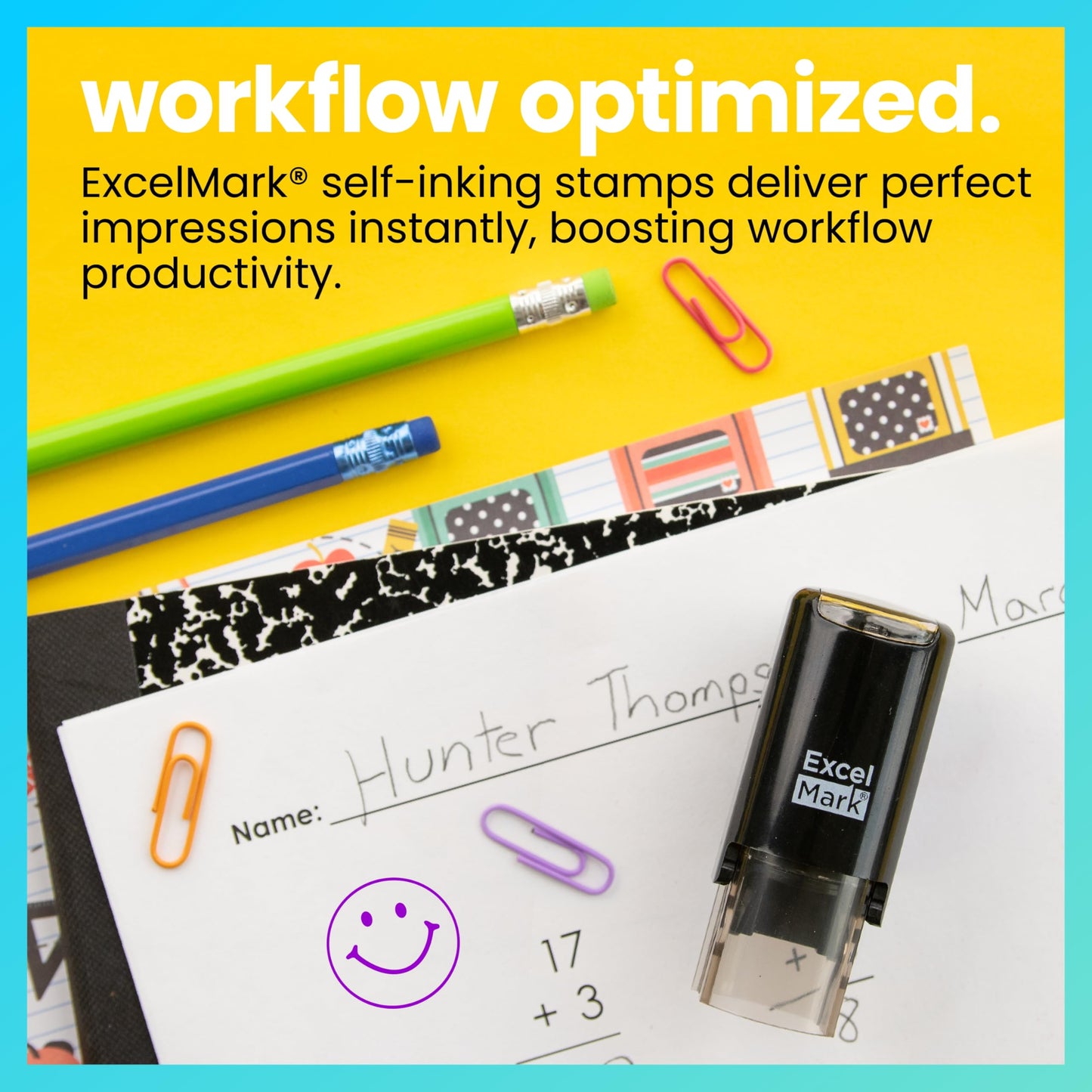 ExcelMark Smiley FACE - Self-Inking Round Teacher Stamp - Purple Ink
