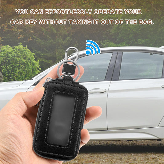 HARFINGTON 2Pcs Double Car Key Fob Case Leather RFID Smart Key Chain Keychain Holder with Metal Hook Keyring Zipper Bag for Remote Key Fob, Black