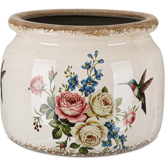 Ninehaoou 7.7″ Large Vintage Ceramic Plant Pot with Hummingbird Bloom Pattern Cream White Rustic Planter with Ice Crackle Glaze & Drainage Hole for Indoor Outdoor Plants Home Kitchen Office Decor Gift