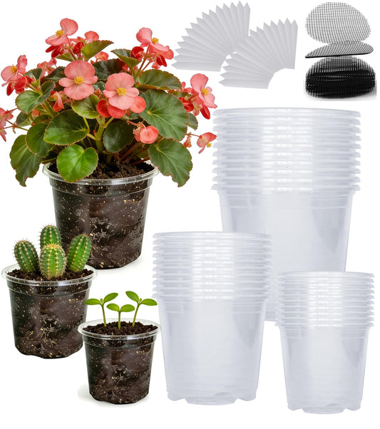 RZOIKZOI 30-Pack Clear Nursery Pots with Drainage Holes (3.5/4/5 Inch) – Transparent Plastic Plant Pots with 30 Labels, Assorted Sizes for Seed Starting, Succulents, Indoor and Outdoor Use