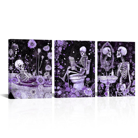 FuShvre Skeleton Bathroom Decor Moody Skeleton Wall Art Pictures for Bathroom Gothic Painting for Home Decoration Framed 12x16 inch each piece (Purple)