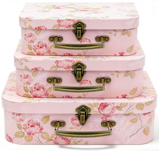 Cheardia 3 Pack Paperboard Suitcases Storage Box, Decorative Storage Boxes Gift Boxe With Lid, Stackable Cardboard Trunk for Photo Keepsake Home Decoration Wedding Anniversary Birthday Pink 3 Size